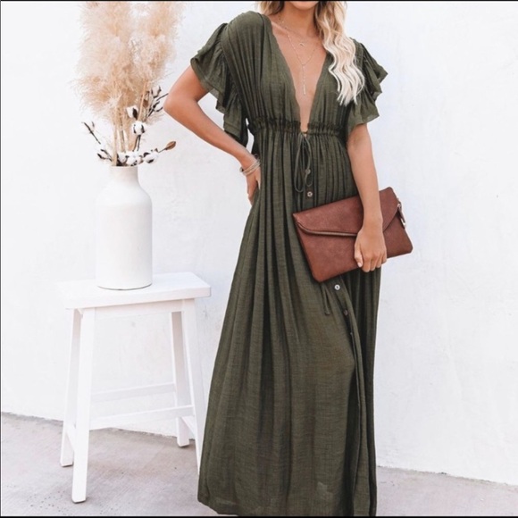 New Bohemian Long Olive Green Maxi Summer Ruffled sleeves Dress - Picture 2 of 7